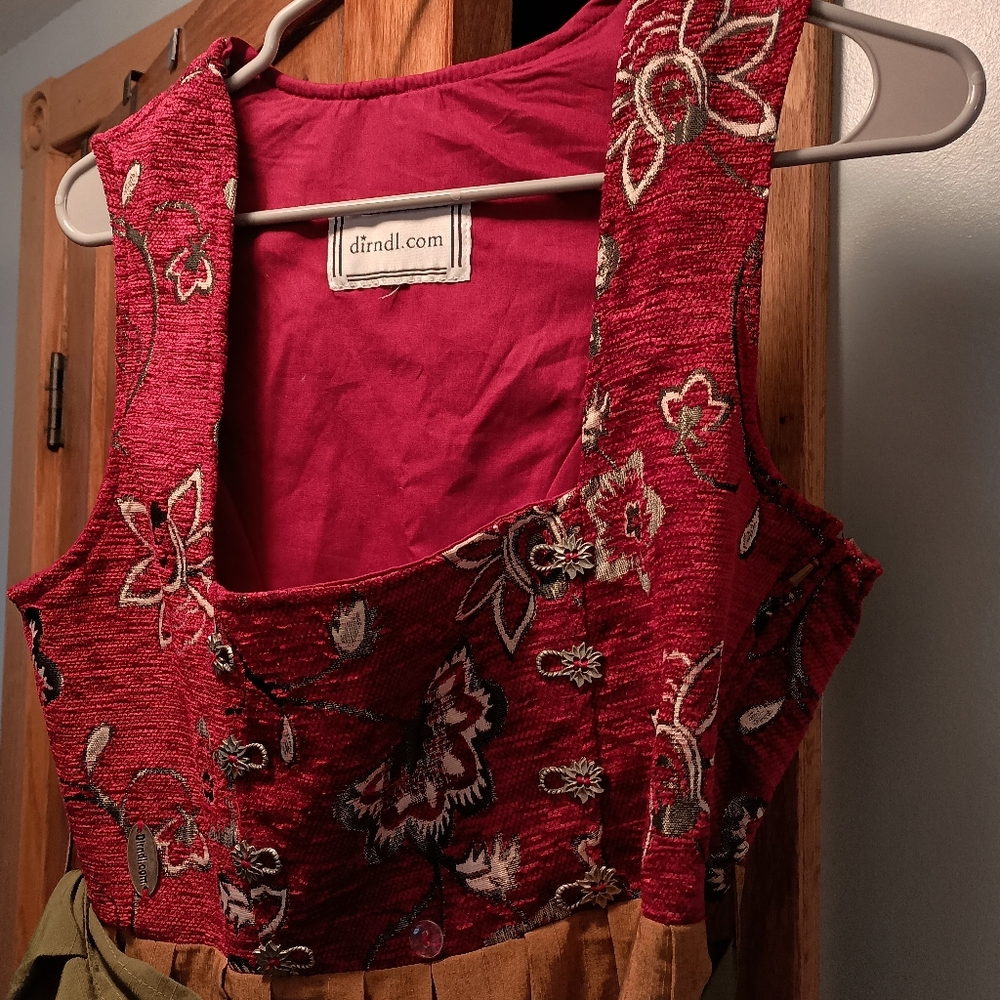 Dirndl Traditional Dress + Apron, Size 36 Maroon + Floral Print